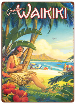 Vintage Metal Sign 12 x 16 - Greetings from Waikiki